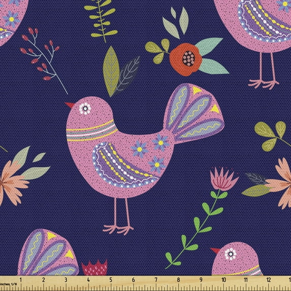 Ambesonne Botanical Fabric by the Yard Upholstery, Folk Birds and Flowers, 3 Yards, Indigo and Multicolor