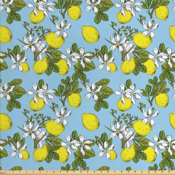 Ambesonne Botanical Fabric by the Yard Upholstery, Lemon Motif with Blossoms, 3 Yards, Yellow Blue and Green