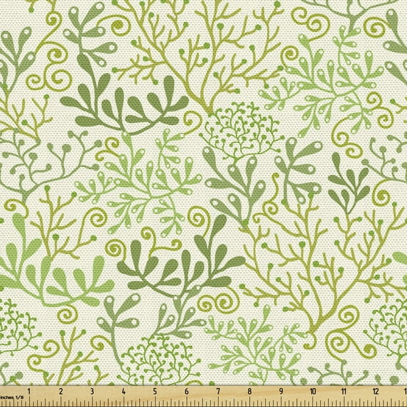 Ambesonne Botanical Fabric by the Yard Upholstery, Pastel Green Seaweeds, 3 Yards, Fern Green and Ivory