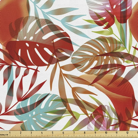Botanical Fabric by the Yard Upholstery, Tropical and Colorful Jungle Monstera Leaves Along Paradise Flowers Pattern, Decorative Fabric for DIY and Home Accents, Multicolor by Ambesonne