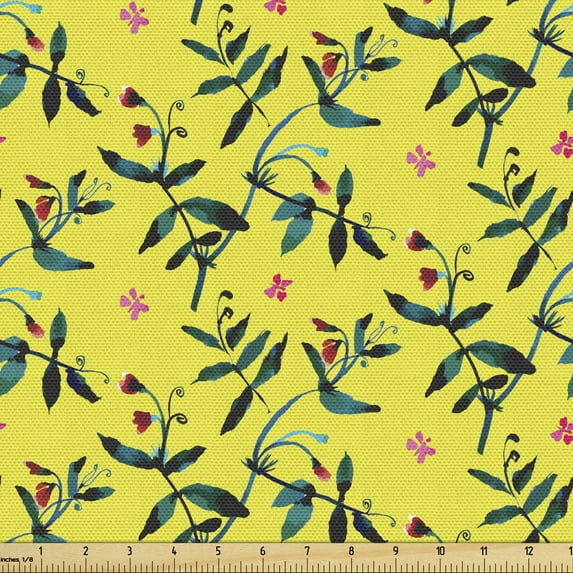 Ambesonne Botanical Fabric by the Yard Upholstery, Wild Floral Spring Garden, 1 Yard, Yellow Dark Teal