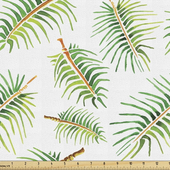 Botanical Fabric by the Yard, Watercolor Style Palms Botanical Leaves on Plain Backdrop, Decorative Upholstery Fabric for Sofas and Home Accents, Green Pale Vermilion by Ambesonne