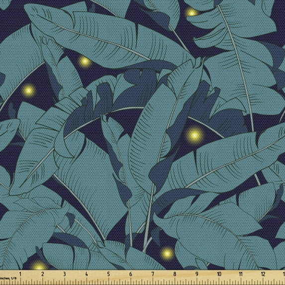 Ambesonne Botanical Fabric by the Yard Upholstery, Woodland Fireflies Leaves, 5 Yards, Indigo Pastel Yellow Teal