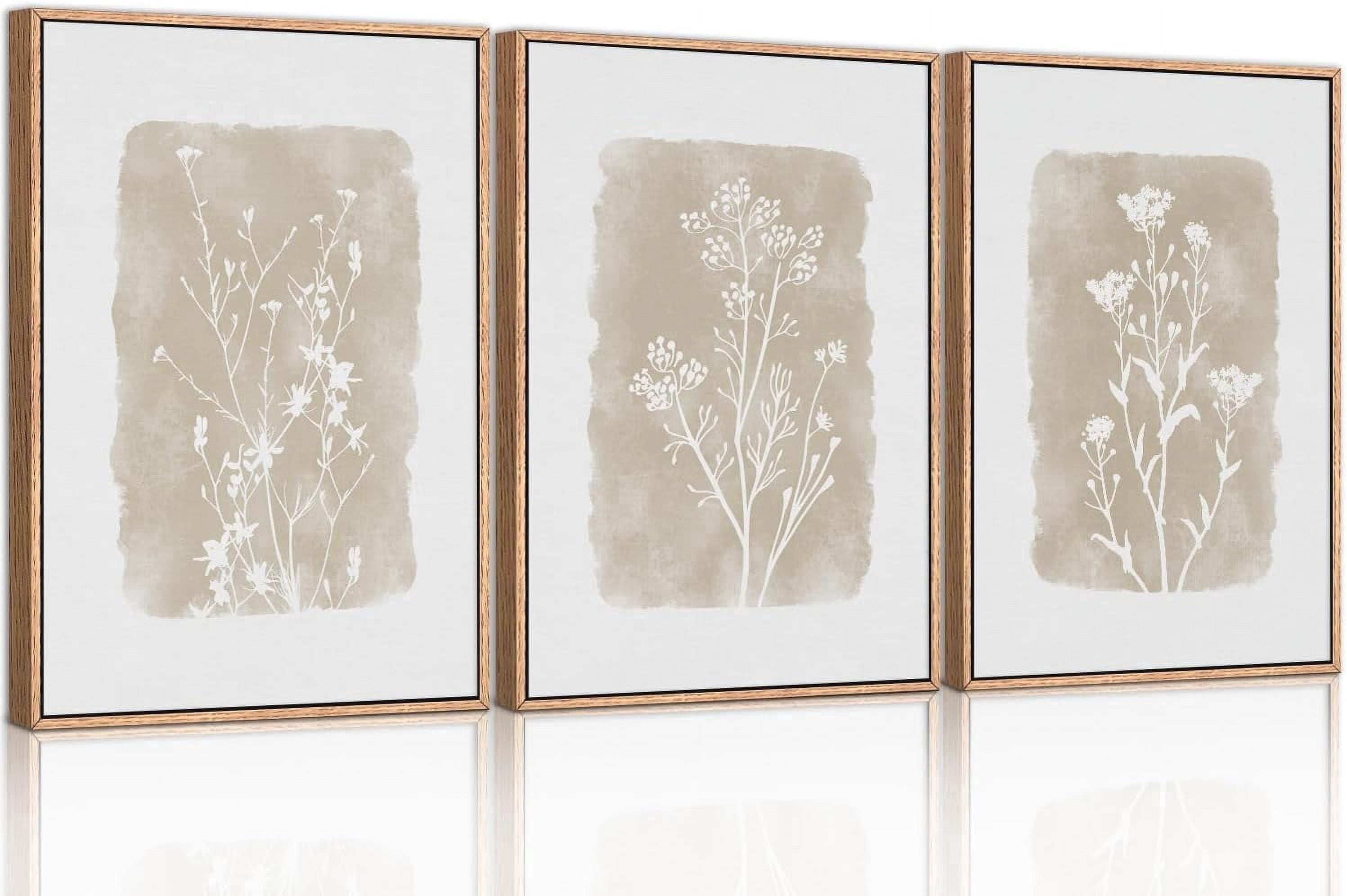 Botanical Farmhouse Wall Art Set, Framed Boho Plant Wall Decor, Neutral Minimalist Floral Wall Painting, Rustic Wildflower Canvas Art Prints for Living Room, Bedroom, Bathroom - Large 16"x24"x3