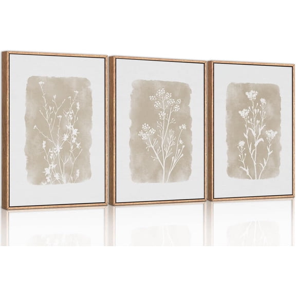 Botanical Farmhouse Wall Art Set, Framed Boho Plant Wall Decor, Neutral Minimalist Floral Wall Painting, Rustic Wildflower Canvas Art Prints for Living Room, Bedroom, Bathroom - Large 16"x24"x3