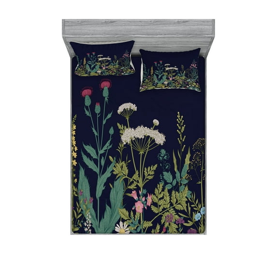 Botanical Fitted Sheet & Pillow Sham Set, Blossoming Meadow Art with Various Herbs and Flowers Rural Field Countryside, Decorative Printed 6 Piece Bedding Decor Set, Calking, Multicolor, by Ambesonne