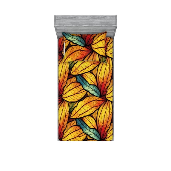 Botanical Fitted Sheet & Pillow Sham Set, Close Up Illustration of the Autumn Leaves Repeated Design of Art, Decorative Printed 2 Piece Bedding Decor, Twin, Mustard and Vermilion, by Ambesonne
