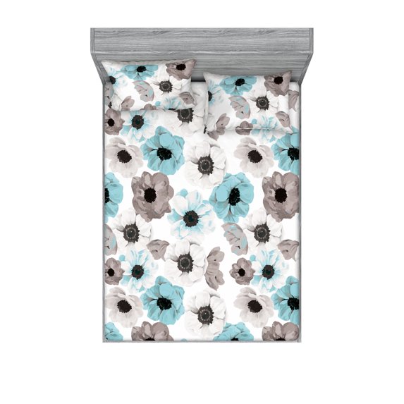 Botanical Fitted Sheet & Pillow Sham Set, Delicate Flowers Vintage Illustration with Watercolor Style Print Boho, Decorative Printed 3 Piece Bedding Decor, Calking, Taupe Grey Turquoise, by Ambesonne