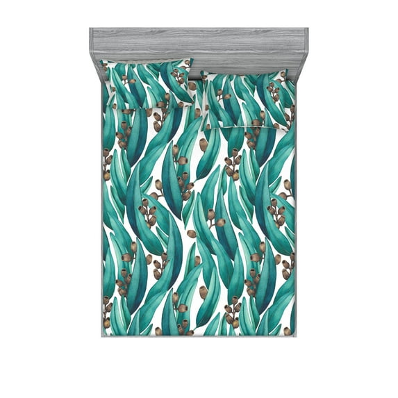 Botanical Fitted Sheet & Pillow Sham Set, Eucalyptus Leaves and Dried Buds Watercolor Style Artwork Aquatic Colors, Decorative Printed 3 Piece Bedding Decor, Calking, Teal Brown White, by Ambesonne