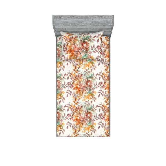 Botanical Fitted Sheet & Pillow Sham Set, Fall Inspired Leaves Branches with Splatter Style Abstract Blots, Decorative Printed 2 Piece Bedding Decor, Twinxl, Rose Apricot and Pale Teal, by Ambesonne