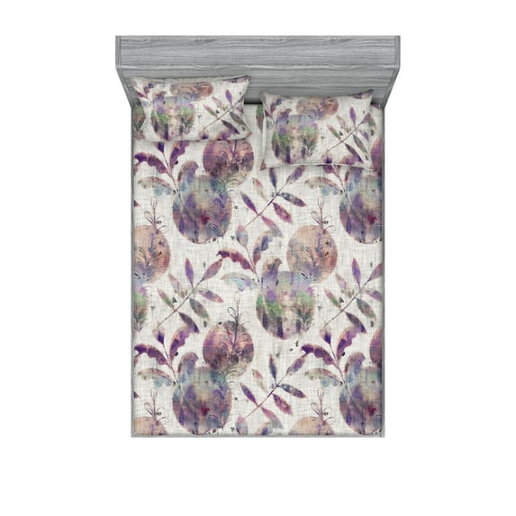 Botanical Fitted Sheet & Pillow Sham Set, Grunge Style Colorful Leaves and Circular Shapes Illustration, Decorative Printed 3 Piece Bedding Decor, Calking, Blue Violet and Pale Eggplant, by Ambesonne