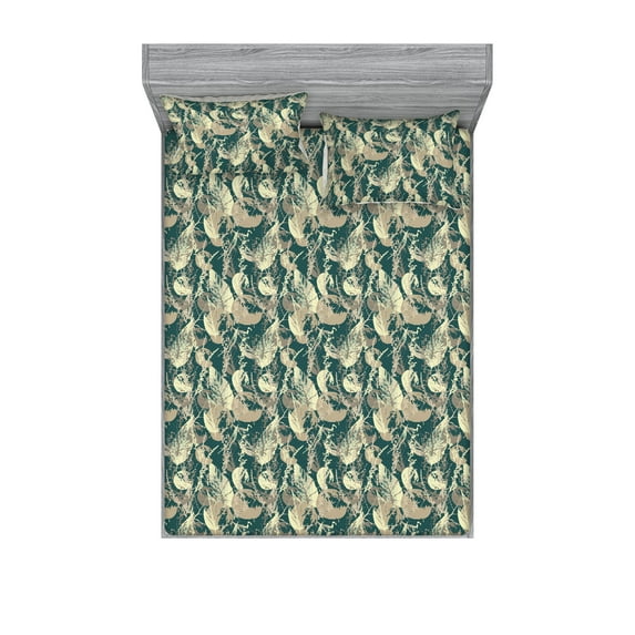 Botanical Fitted Sheet & Pillow Sham Set, Leaves Printing Autumn Season Orderly Repeated Pattern of Artwork, Decorative Printed 3 Piece Bedding Decor, Queen, Warm Taupe and Pale Yellow, by Ambesonne