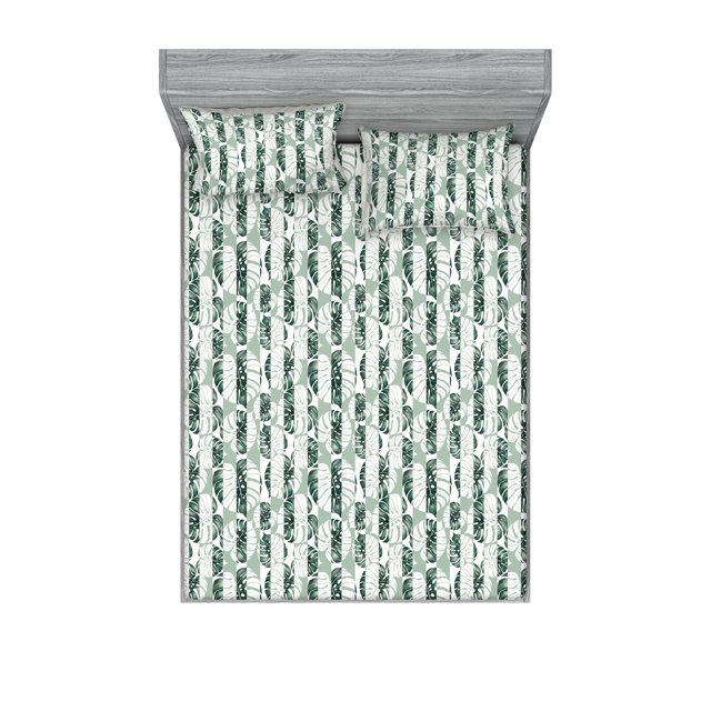 Botanical Fitted Sheet & Pillow Sham Set, Monstera Leaves of the Jungle Mono Colored Style Tropical Leaves Artwork, Decorative Printed 3 Piece Bedding Decor, Full, White and Emerald, by Ambesonne