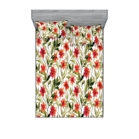 Botanical Fitted Sheet & Pillow Sham Set, Nature Art Style Painting Look Flowers and Leaves on Plain Back, Decorative Printed 3 Piece Bedding Decor, Queen, Olive Green and Vermilion, by Ambesonne