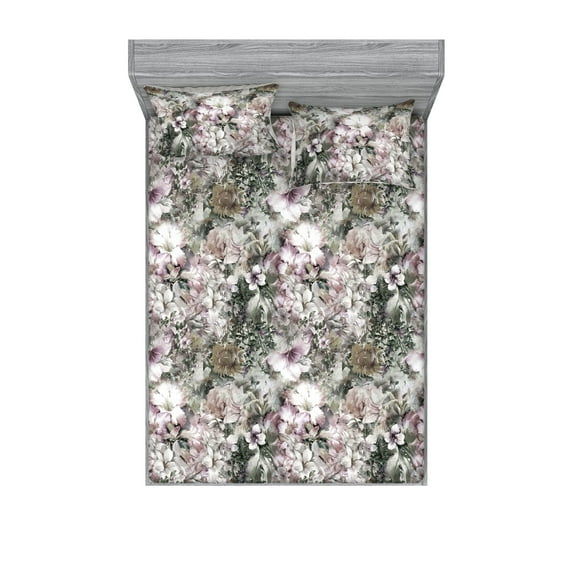 Botanical Fitted Sheet & Pillow Sham Set, Pastel Colors Nature Design Exotic Flowers Blooming Design Artwork, Decorative Printed 3 Piece Bedding Decor, King, Laurel Green Grey Pink, by Ambesonne
