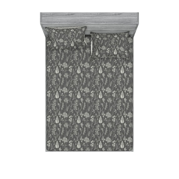 Botanical Fitted Sheet & Pillow Sham Set, Retro Style Outline Branches and Flowers of Meadow Hills Nature Achromatic Design, Decorative Printed 3 Piece Bedding Decor, Calking, Grey, by Ambesonne