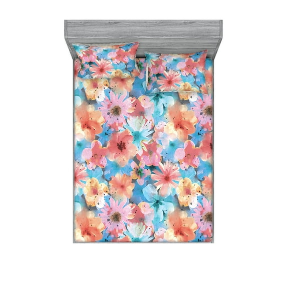 Botanical Fitted Sheet & Pillow Sham Set, Spring Season Love Colorful Flower Painting with Watercolor Dots, Decorative Printed 3 Piece Bedding Decor, Calking, Coral Sky Blue and Peach, by Ambesonne