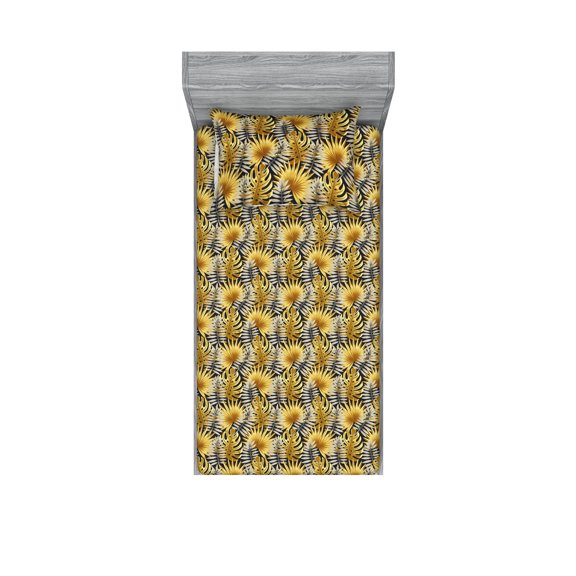Botanical Fitted Sheet & Pillow Sham Set, Tropical Inspired Monstera Leaves of the Jungle Botanical Style, Decorative Printed 2 Piece Bedding Decor, Twin, Mustard and Charcoal Grey, by Ambesonne
