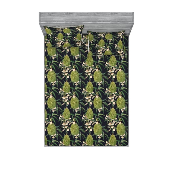 Botanical Fitted Sheet & Pillow Sham Set, Vintage Durian Fruit Branches Flowers and Leaves Nature Night, Decorative Printed 3 Piece Bedding Decor, Queen, Green Dark Blue and Peach, by Ambesonne