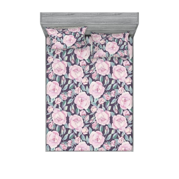 Botanical Fitted Sheet & Pillow Sham Set, Vintage English Garden Roses Pastel Soft Colors with Sea Green Leaves, Decorative Printed 3 Piece Bedding Decor, Queen, Quartz and Soft Pink, by Ambesonne