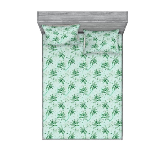Botanical Fitted Sheet & Pillow Sham Set, Watercolor Garden of Leaves and Branches Grunge Themed Print, Decorative Printed 3 Piece Bedding Decor, King, Pastel Green and Dark Green, by Ambesonne