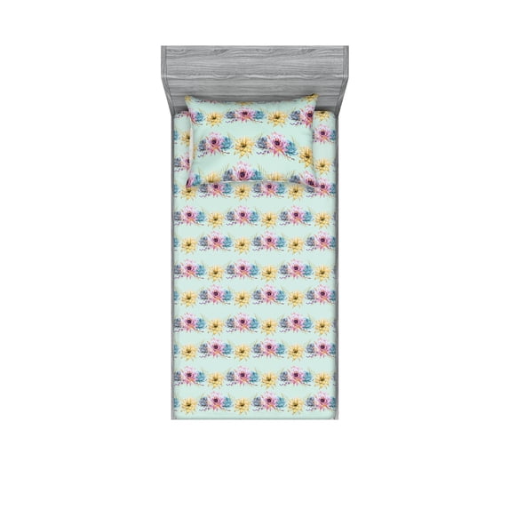 Botanical Fitted Sheet & Pillow Sham Set, Watercolor Ornament of Succulents and Exotic Flowers Colorful Pattern, Decorative Printed 2 Piece Bedding Decor, Twin, Mint Green Multicolor, by Ambesonne