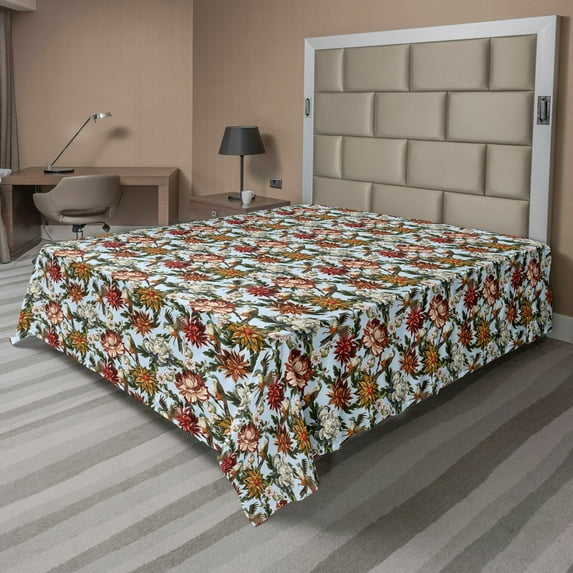 Ambesonne Botanical Flat Bedding Sheet Soft Top Sheet, Bird Print Spring Flowers, King, Soft Blue and Multicolor