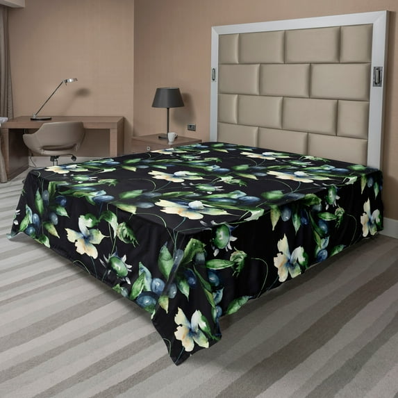 Ambesonne Botanical Flat Bedding Sheet Soft Top Sheet, Blooming Wild Art Flowers, King, Slate Blue Green and Black