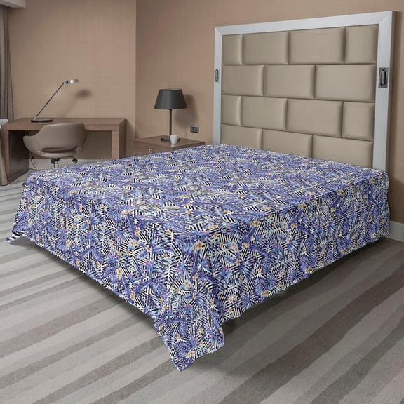 Botanical Flat Sheet, Leaves of Jungle Tropical Plumeria Flowers on Geometric Maze Background, Soft Comfortable Top Sheet Decorative Bedding 1 Piece, King Size, Black Quartz Orange, by Ambesonne