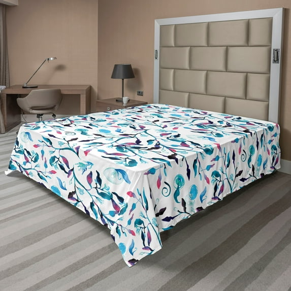 Ambesonne Botanical Flat Bedding Sheet Soft Top Sheet, Repeating Branches Leaves, King, Sky Blue Pink and Teal