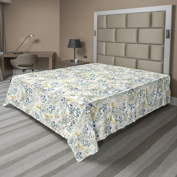 Ambesonne Botanical Flat Bedding Sheet Soft Top Sheet, Print of Lemon and Floral, Queen, White Fern Green Mustard