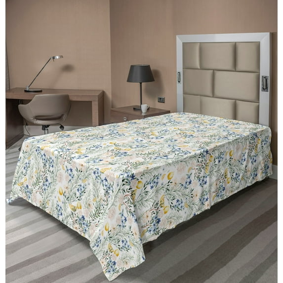 Ambesonne Botanical Flat Bedding Sheet Soft Top Sheet, Print of Lemon and Floral, Twin XL, White Fern Green Mustard
