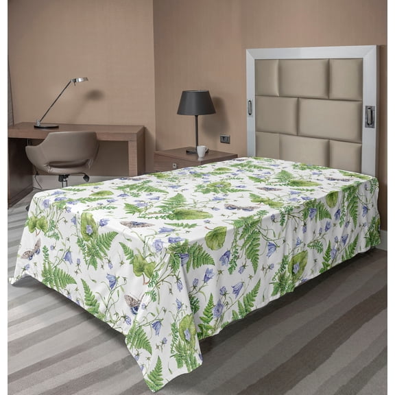 Ambesonne Botanical Flat Bedding Sheet Soft Top Sheet, Forest Pattern Leaves Art, Twin, Fern Green Lavender White