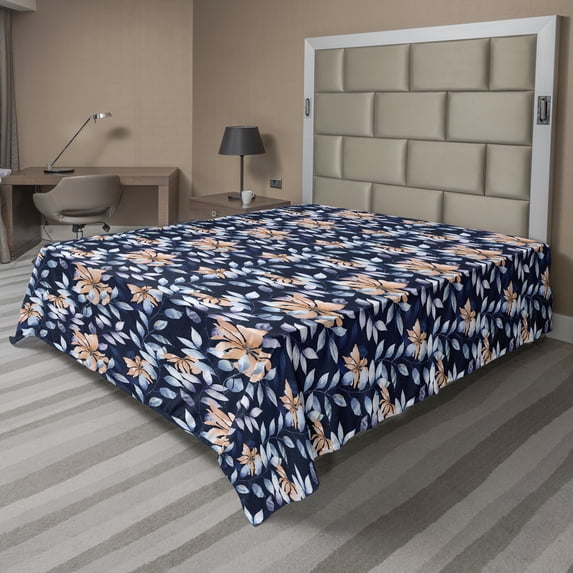 Ambesonne Botanical Flat Bedding Sheet Soft Top Sheet, Wild Floral on Night Back, California King, Navy Blue and Peach