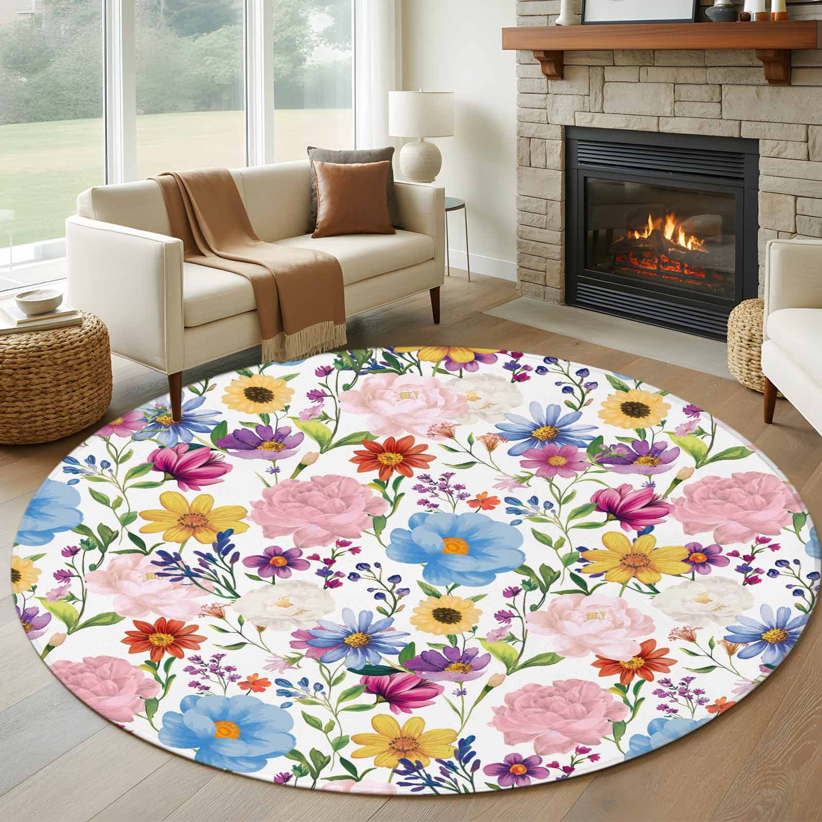 Botanical Floral 7FT Round Area Rugs for Living Room Nature Flower Wild ...