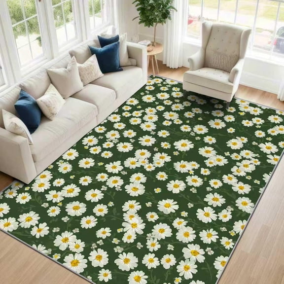 Botanical Floral Area Rugs, Daisy Wildflower Pattern Carpet, Washable Non Slip Low Pile Soft Rug for Living Room Bedroom Decor Mat 2x3ft