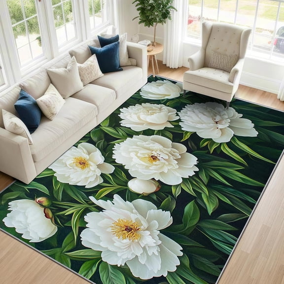Botanical Floral Area Rugs, White Peony Garden Carpet, Washable Non Slip Low Pile Soft Rug for Living Room Bedroom Decor Mat 2x3ft