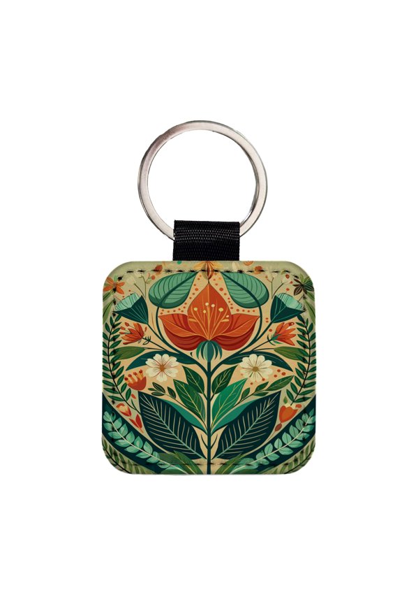Botanical Floral Art Nouveau Design Faux Leather Square Keychain