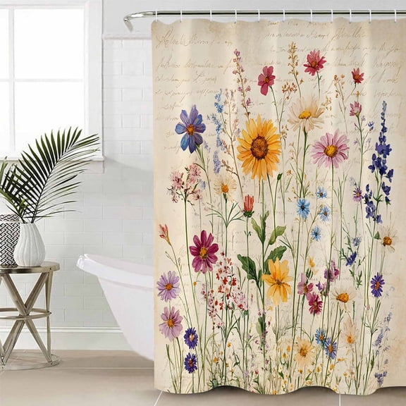 Botanical Floral Bathroom Curtain 72 Inch Shower Stall Curtain with Hooks, Retro Purple Pink Yellow Wildflowers Waterproof Polyester Bath Curtain Washable Bathtub Curtain 36''x 72''