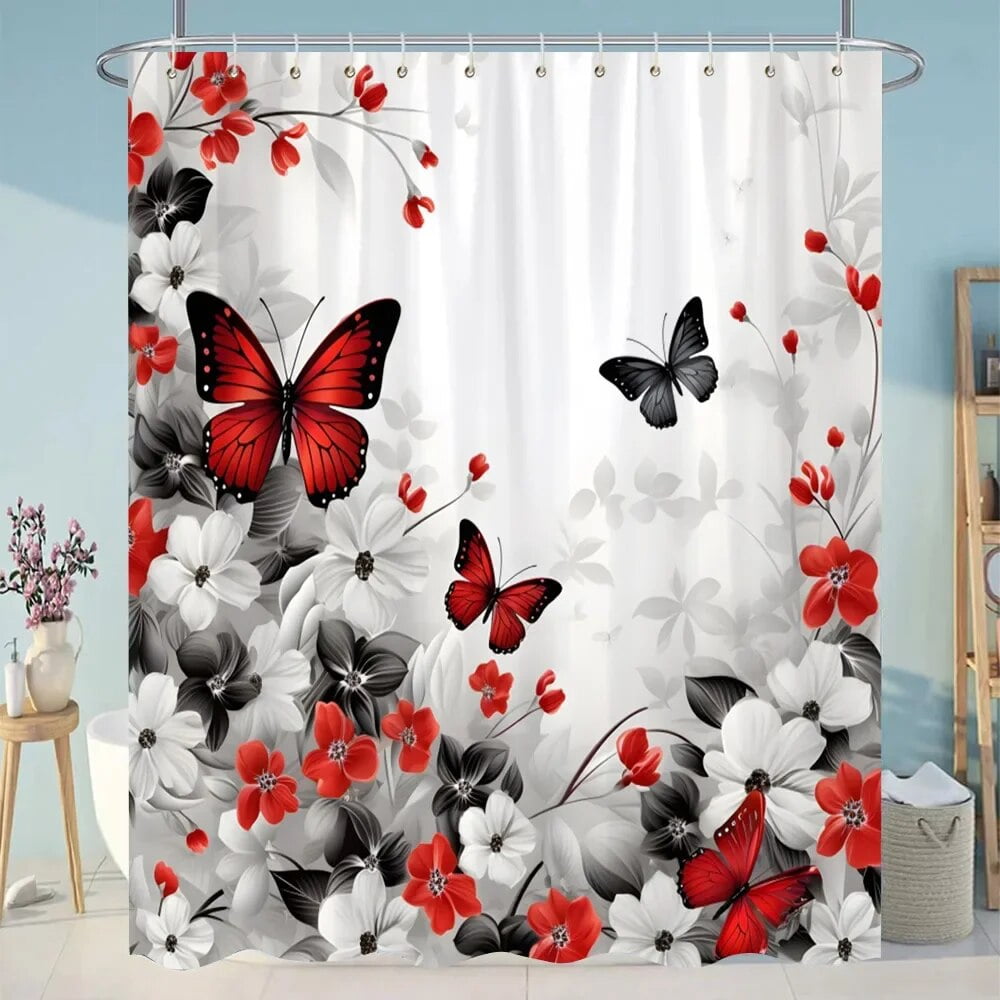 Botanical Floral Bathroom Curtains Tropical Green Leaf Butterfly Nature ...