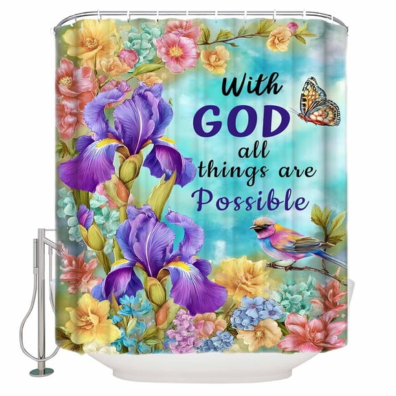 Botanical Floral Bathroom Shower Curtains with 12 Hooks Polyester Waterproof Shower Curtain for Stalls and Bathtubs with God All Things Are Possible Decorative Bathroom Privacy Curtain 72x72 Inches