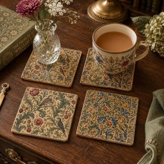Botanical Floral Bird Coasters Ceramic or Tumbled Marble 4x4 Inch Square Drink Coasters