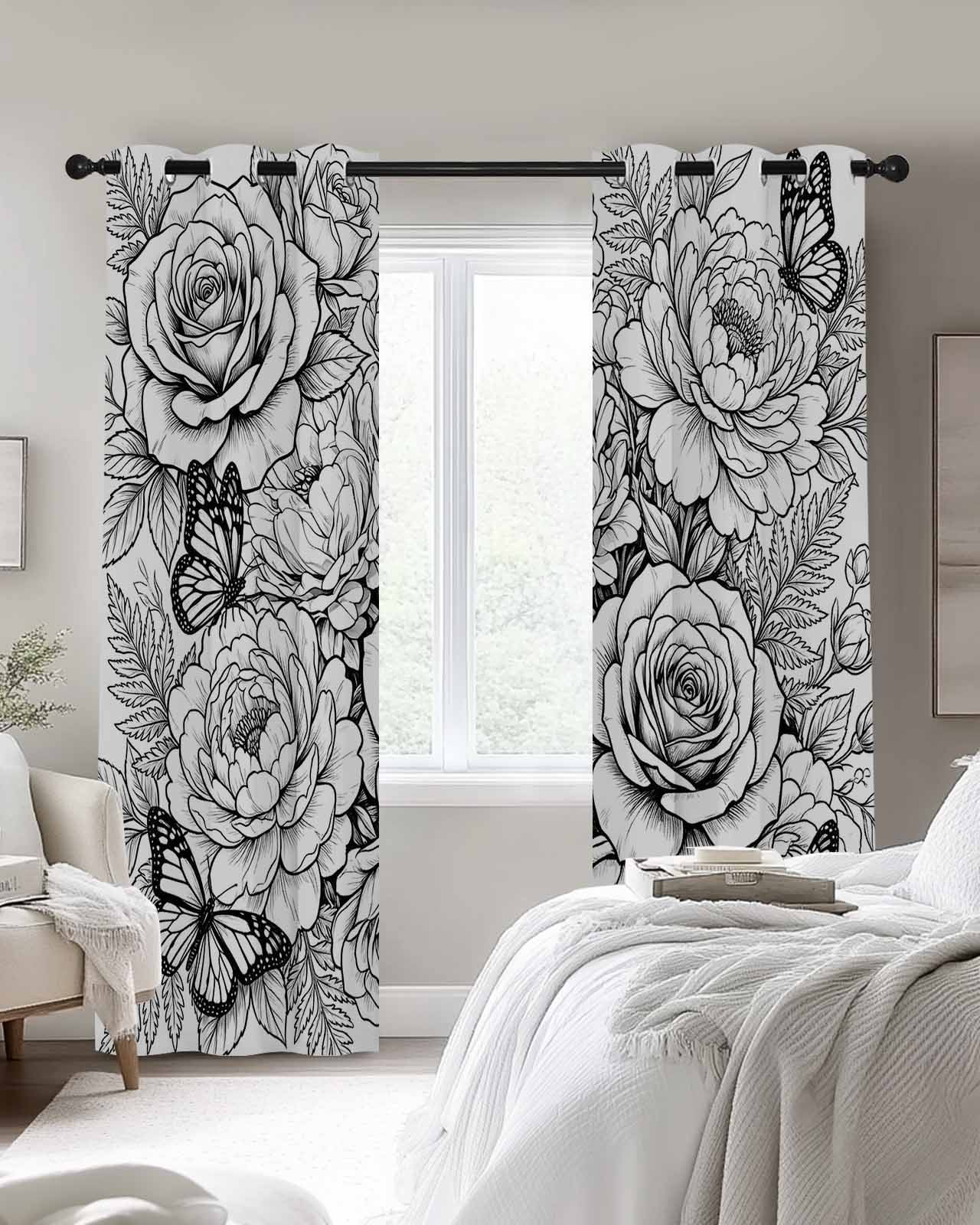 Botanical Floral Blackout Curtains 2 Panels Black and White Roses
