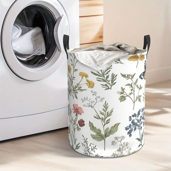Botanical Floral Butterfly Laundry Hamper Portable Storage Hamper with Sturdy Handle， Oxford Cloth， Easy to Store and Collapsible Design， Laundry Baskets