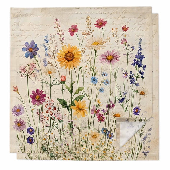 Botanical Floral Cloth Napkins Washable Set of 2, Retro Purple Pink Yellow Wildflowers Reusable Dinner Table Napkins Cloth Bulk for Weddings Kitchen Restaurants Hotel Events Parties 20 x 20 Inch