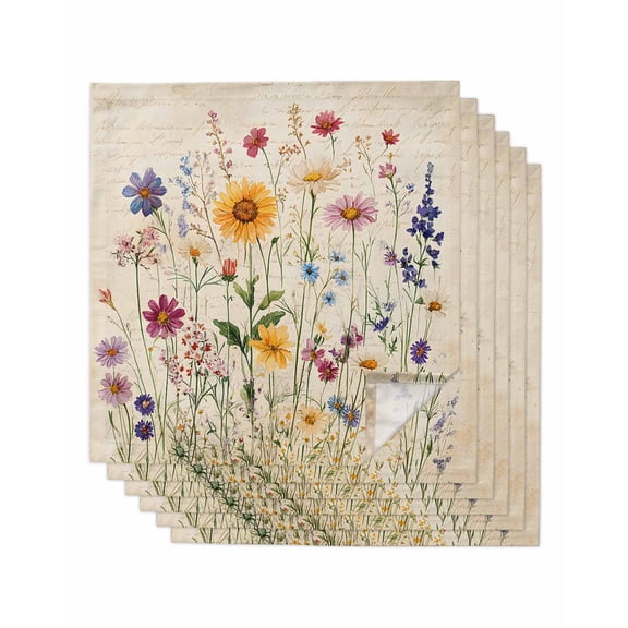 Botanical Floral Cloth Napkins Washable Set of 6, Retro Purple Pink Yellow Wildflowers Reusable Dinner Table Napkins Cloth Bulk for Weddings Kitchen Restaurants Hotel Events Parties 20 x 20 Inch