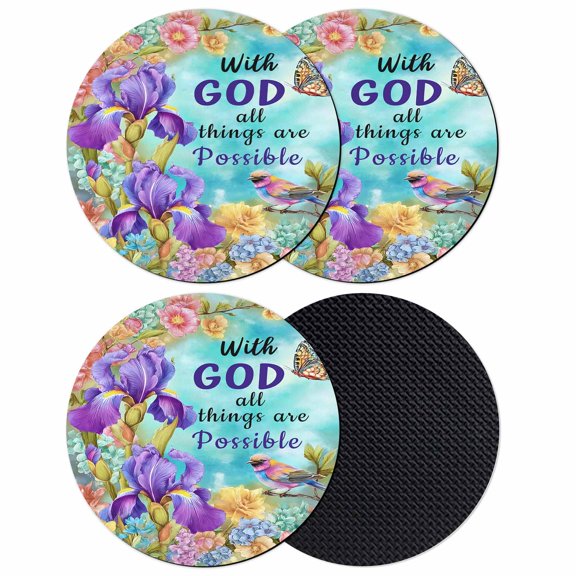 Botanical Floral Coasters Set of 4, Absorbent Coasters for Drinks, with God All Things Are Possible Coaster for Desk Coffee Table Protection, Home Decor House Warming Gifts 4"