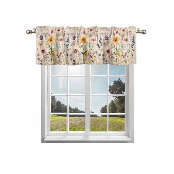 Botanical Floral Curtain Valance for Windows/Living Room/Kitchen/Bathroom/Café, Short Rod Pocket Tier Curtain Window Treatment Panel Retro Purple Pink Yellow Wildflowers Topper Curtain 60''x18''