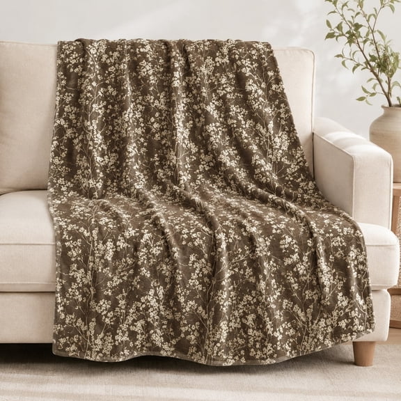 Botanical Floral Brown Wildflower Print Fleece Throw Blanket, Soft 280 GSM Polyester, Nature-Inspired Decor