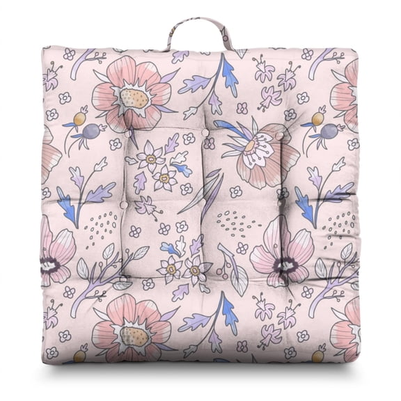 Botanical Floral Floor Pillow - Oversized Square Zabuton with Floral and Hummingbird Design